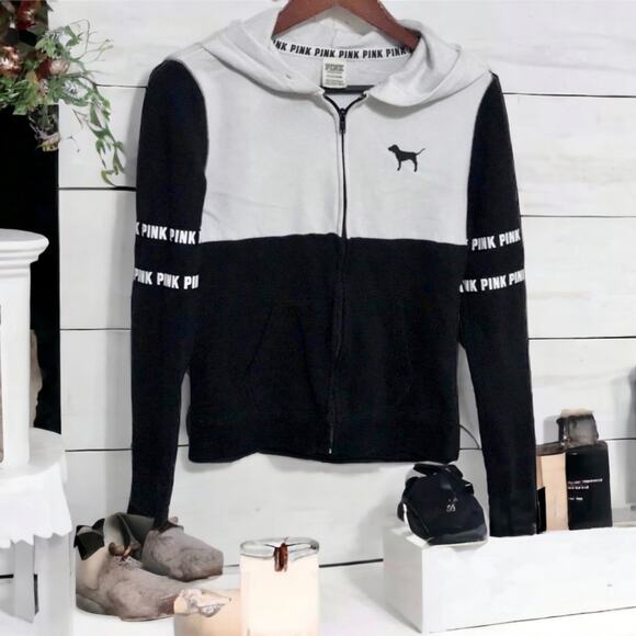 PINK VS Black White Full Zip Hoodie with pockets Size Small Vintage Y2k Teens - Picture 2 of 13